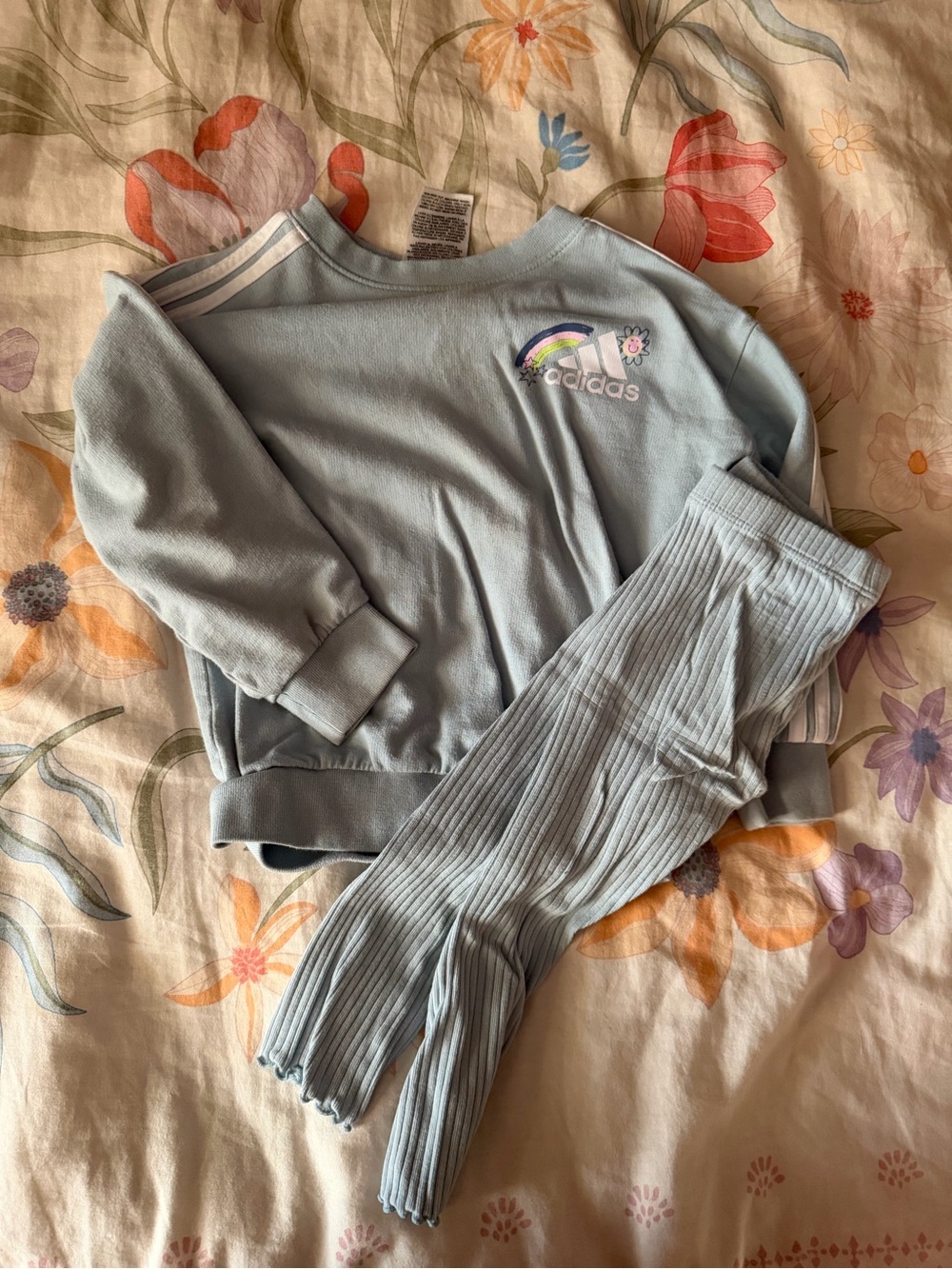 adidas Light Blue Kids Sweatshirt & Ribbed Pants Set with Rainbow Logo